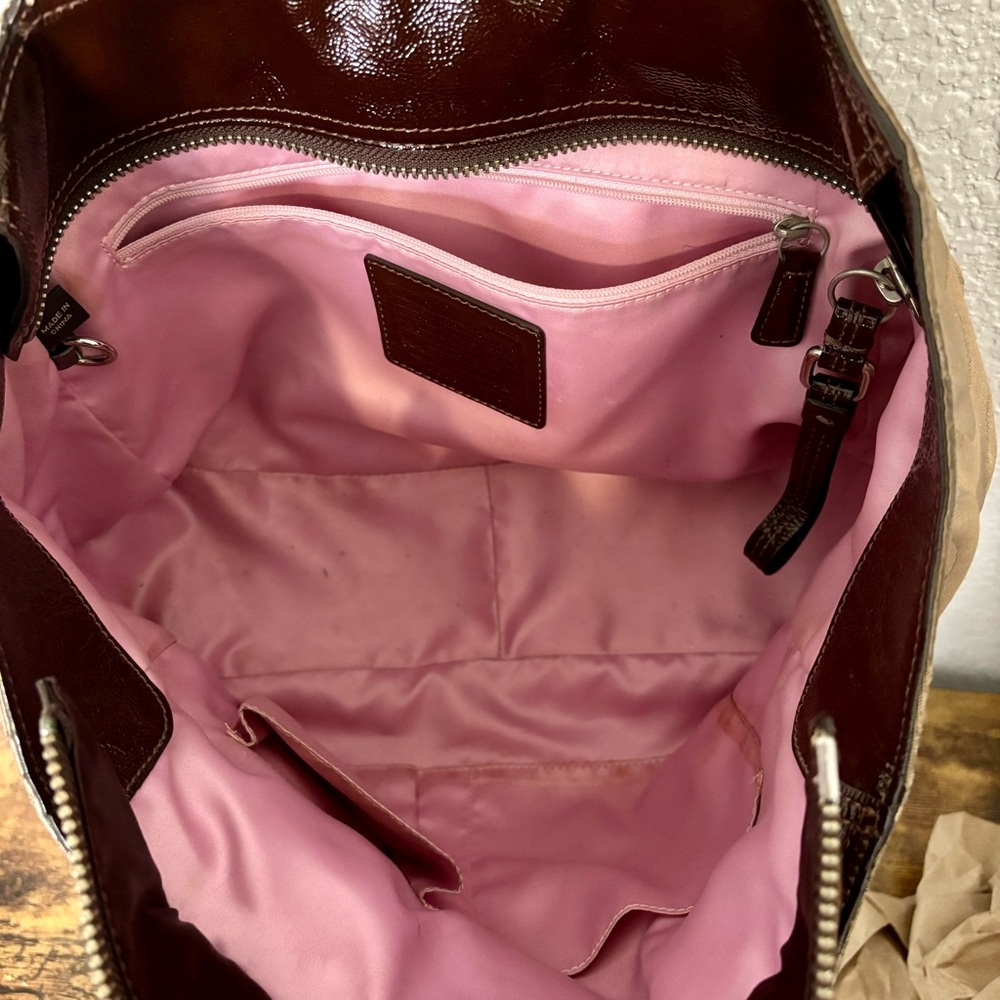 Coach Canvas Leather Tote Madison Tribeca Op Art Small Gold Tan Brown Pink Satin - Picture 11 of 15